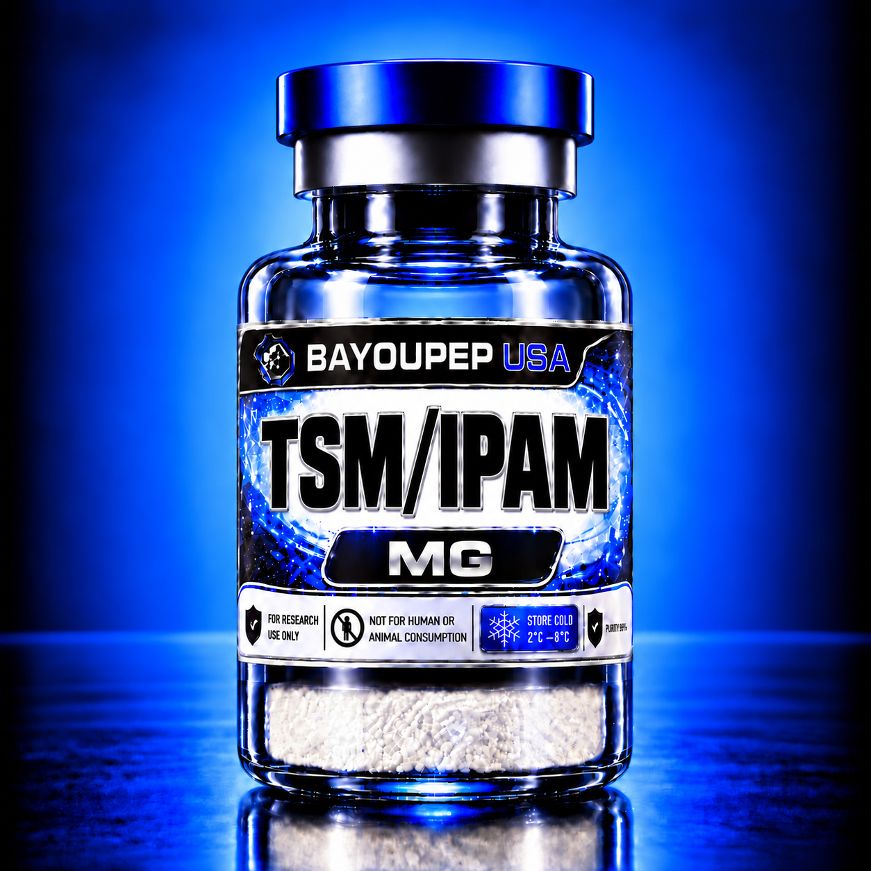 Blue-tinted supplement bottle with a bold 'TSM/PAM MG' label and white pills visible inside, on a blue-lit surface.