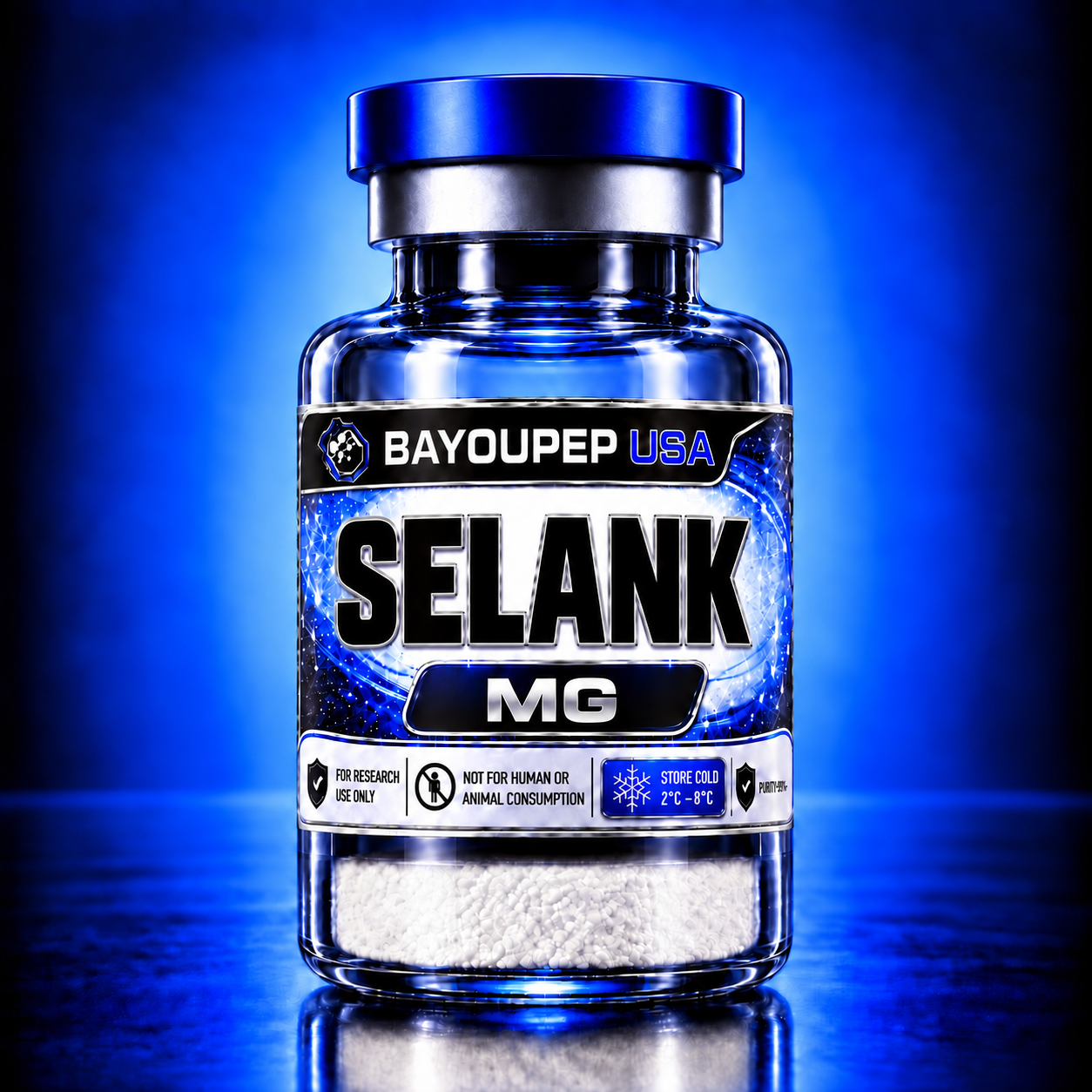Blue-tinted supplement bottle labeled SELANK MG with 'BAYOUPE USA' branding on a glowing blue background.