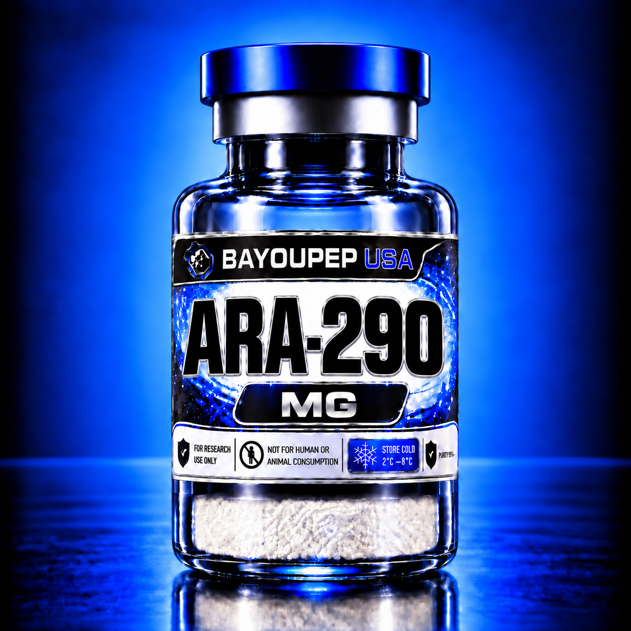 Blue glass bottle with a blue cap labeled ARA-290 MG from BayouPep USA, for research use only.