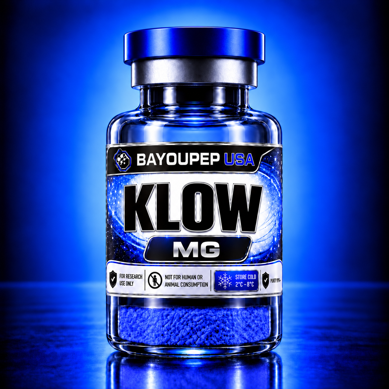 Blue glass supplement bottle with a blue cap, labeled BAYOUPEP USA and KLOW MG, containing small blue pellets visible at the bottom.