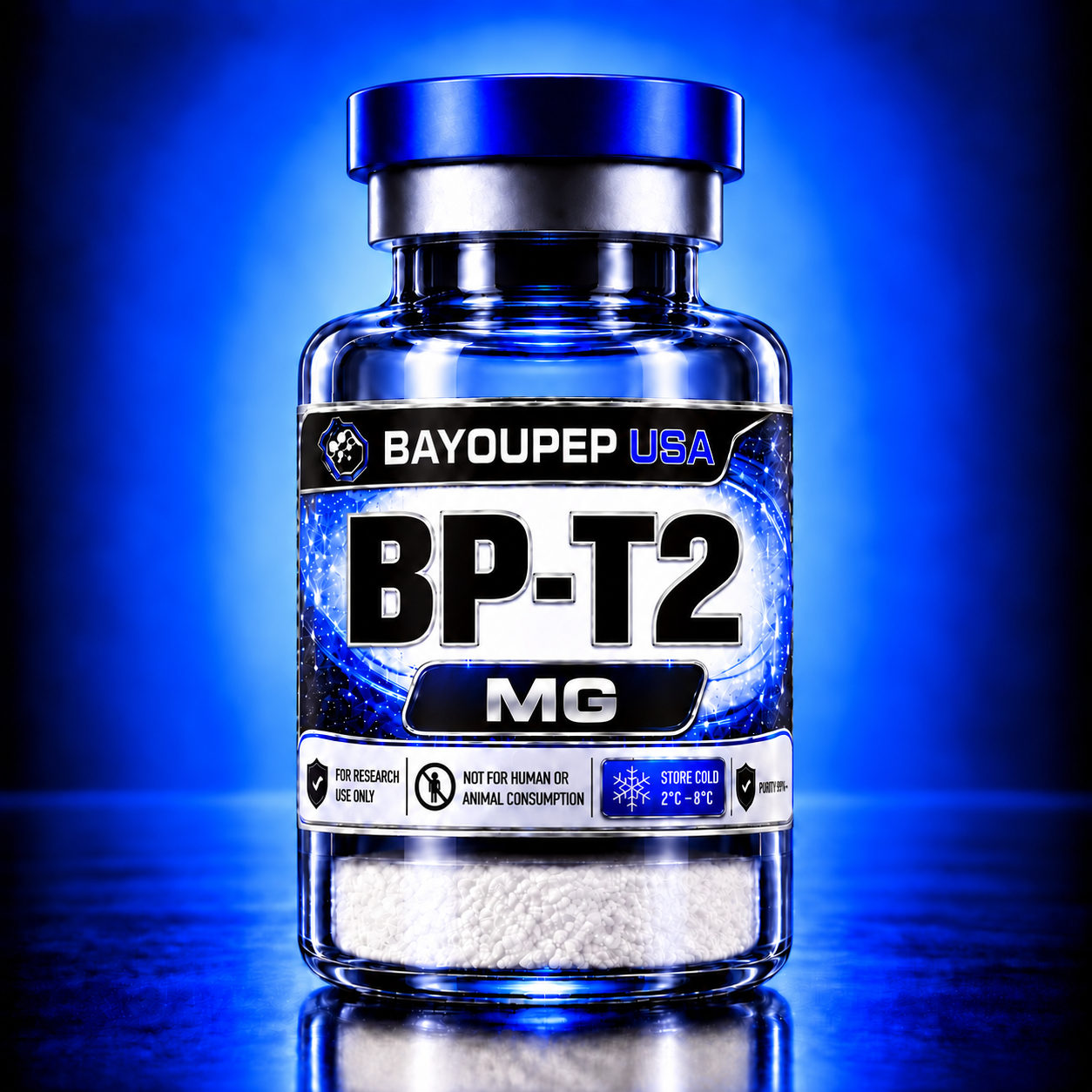 Blue glass bottle with a bold BP-T2 MG label and BAYOUP USA branding, set against a blue glow.