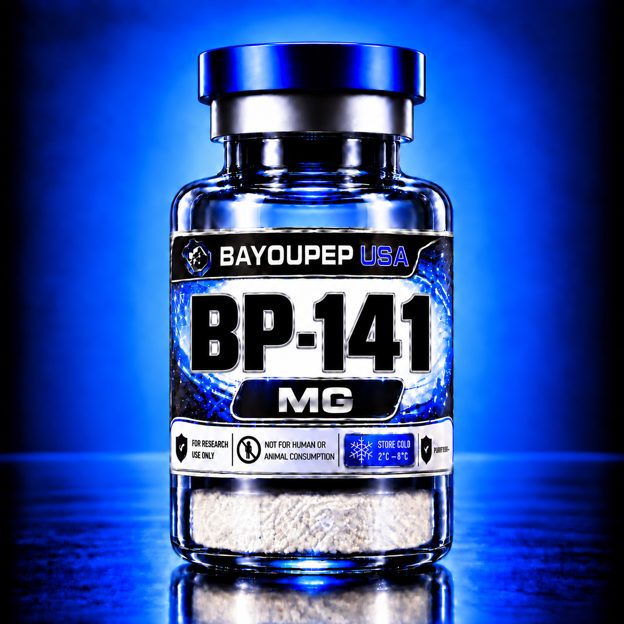Blue-lit glass bottle labeled BP-41 MG with BAYOUEP USA branding, for research use only (not for human or animal consumption)
