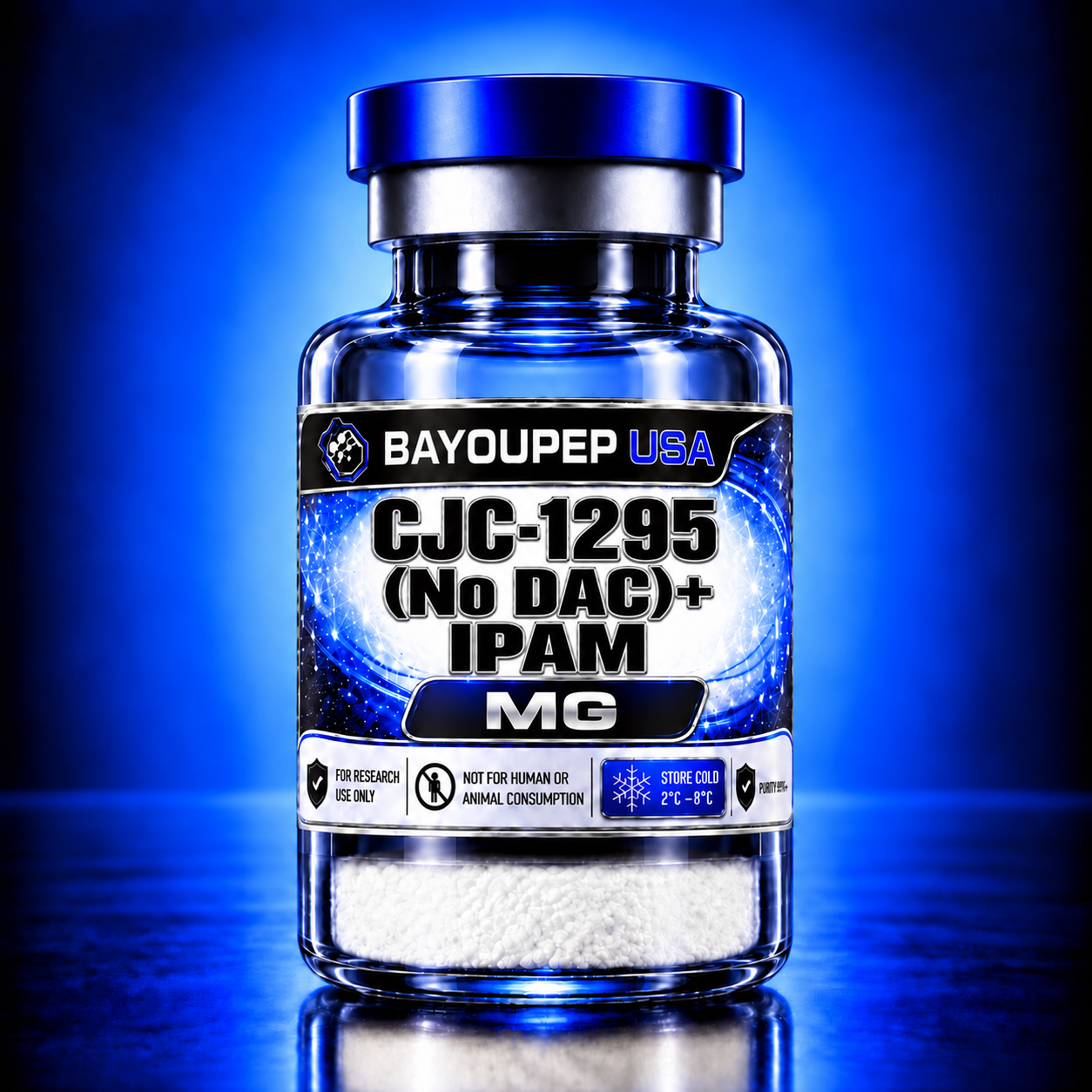 Blue glass bottle with a blue cap labeled BayouPep USA and CJC-1295 (No DAC)+ IPAM MG; a research-use peptide product.
