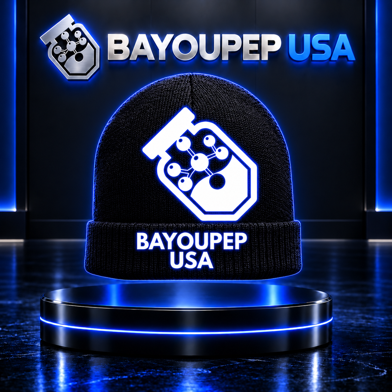 Black knit beanie on a glossy pedestal, featuring a white circuit-like logo and glowing 'BAYOUPE USA' text in blue Neon in a dark showroom environment.