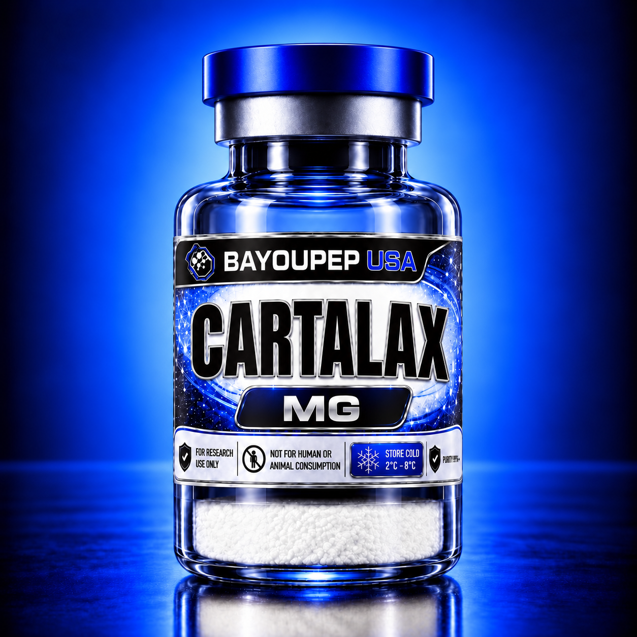 Blue glass bottle labeled Cartalax MG by Bayoupep USA on a glowing blue background.