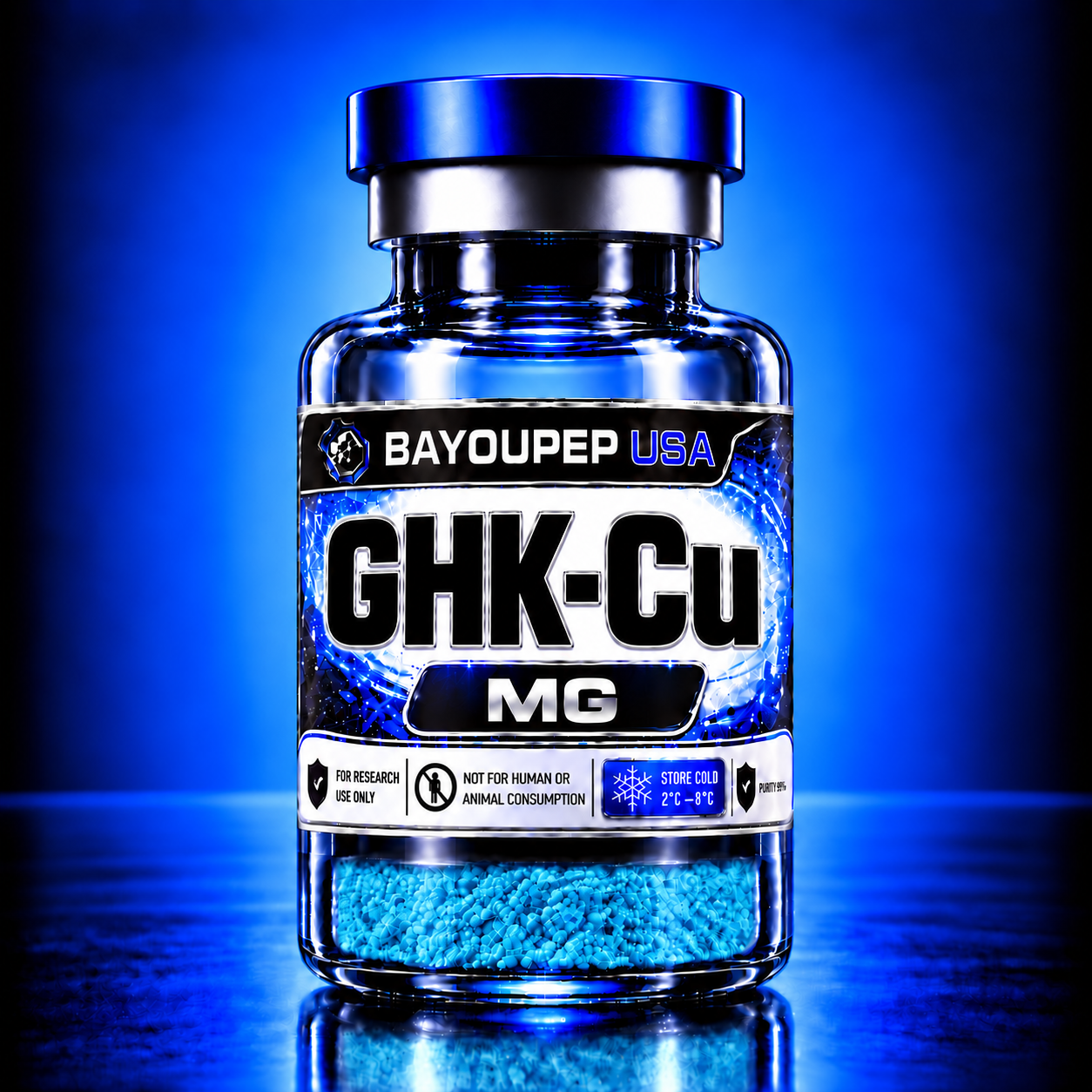 Blue and silver bottle labeled GHK-Cu MG with blue capsules visible inside; brand BayouPep USA under blue lighting.