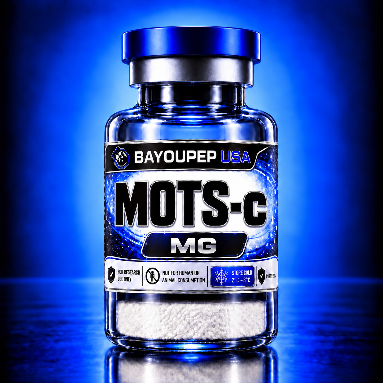 Blue glass supplement bottle labeled MOTS-C MG from Bayoupep USA against a blue glow. Not for human or animal consumption; for research use only.