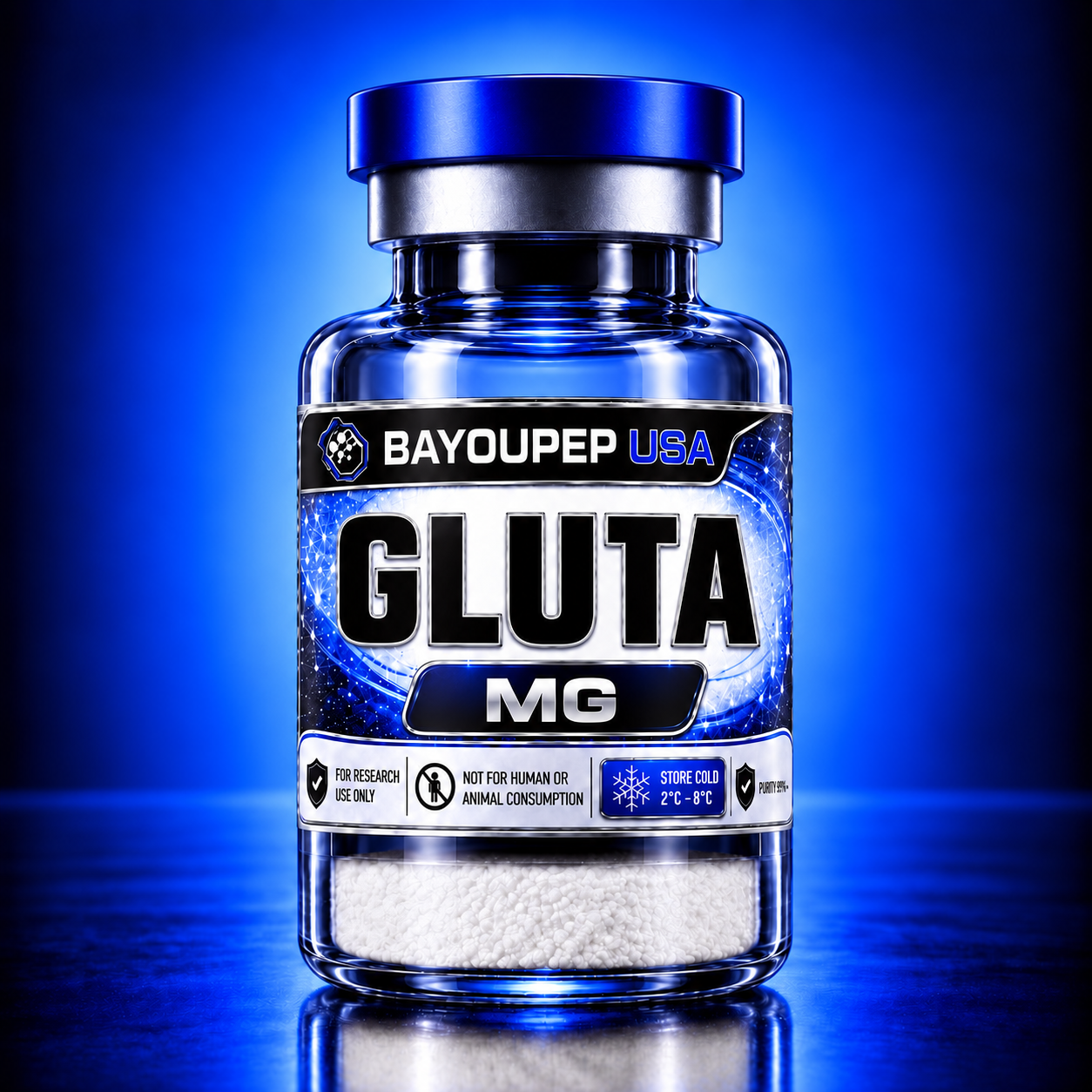 Blue glass supplement bottle labeled GLUTA MG with BayouPep USA branding, standing on a reflective surface against a blue gradient background, granules visible inside bottom.