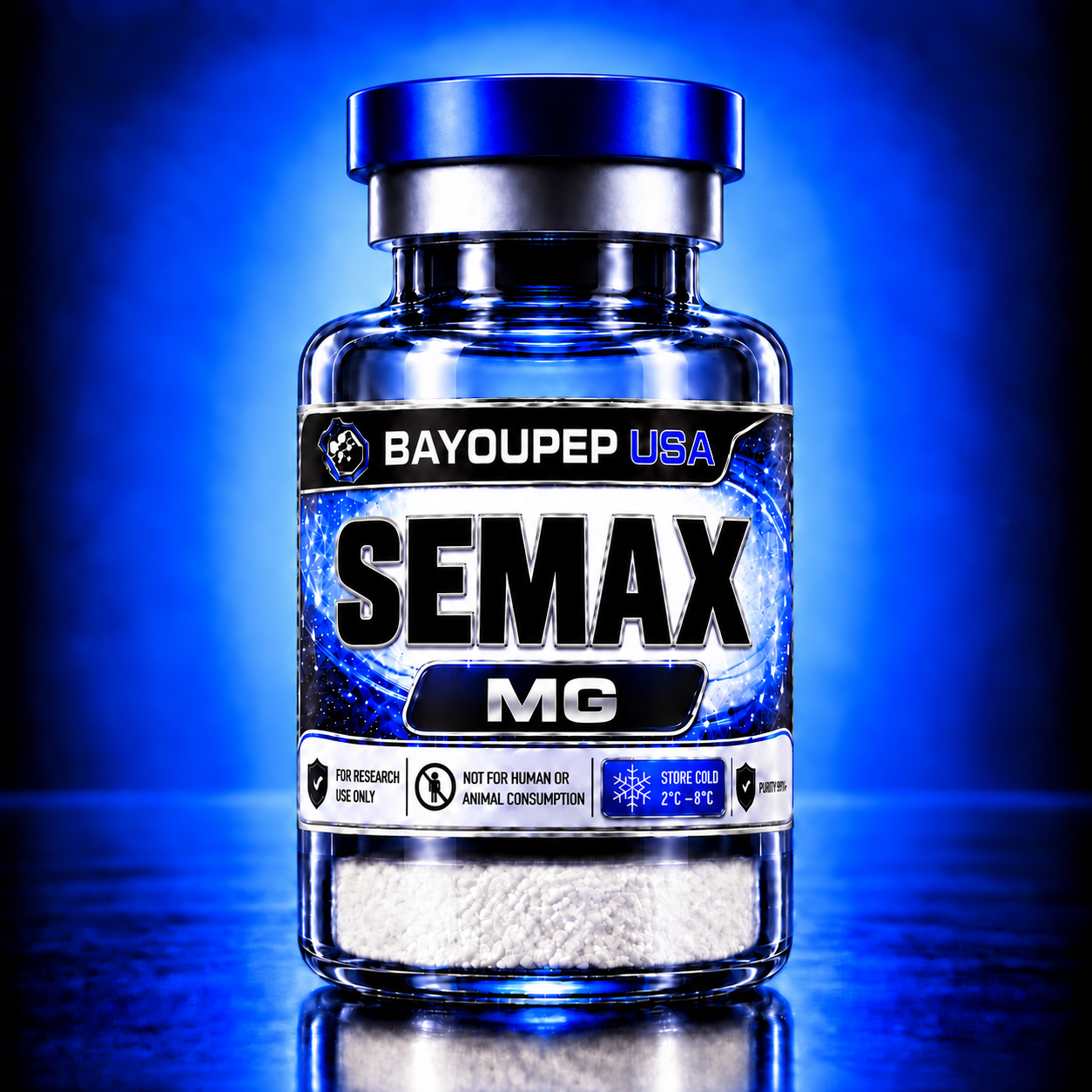 Blue glass bottle labeled SEMAX MG for research use only, with white pellets visible through the bottom, and BayouPep USA branding on the label.