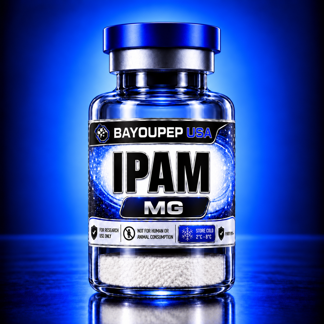 Blue glass bottle with a blue cap, label reads IPAM MG and Bayoupep USA, marked for research use only and not for human or animal consumption, with a blue futuristic design