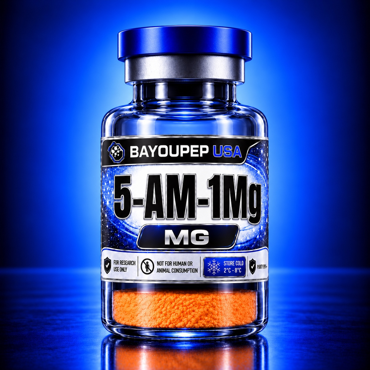 Blue glass vaccine-style bottle labeled '5-AM-1Mg' with orange granules inside, marketing label reads 'BayouPep USA' (for research use only).