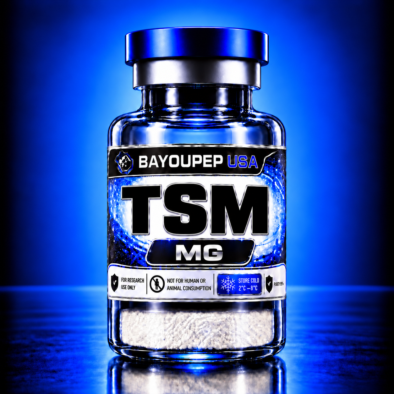 Blue glass bottle with a metallic blue cap, label reading BAYOUPEP USA and large 'TSM' with 'MG' beneath, against a blue gradient background.