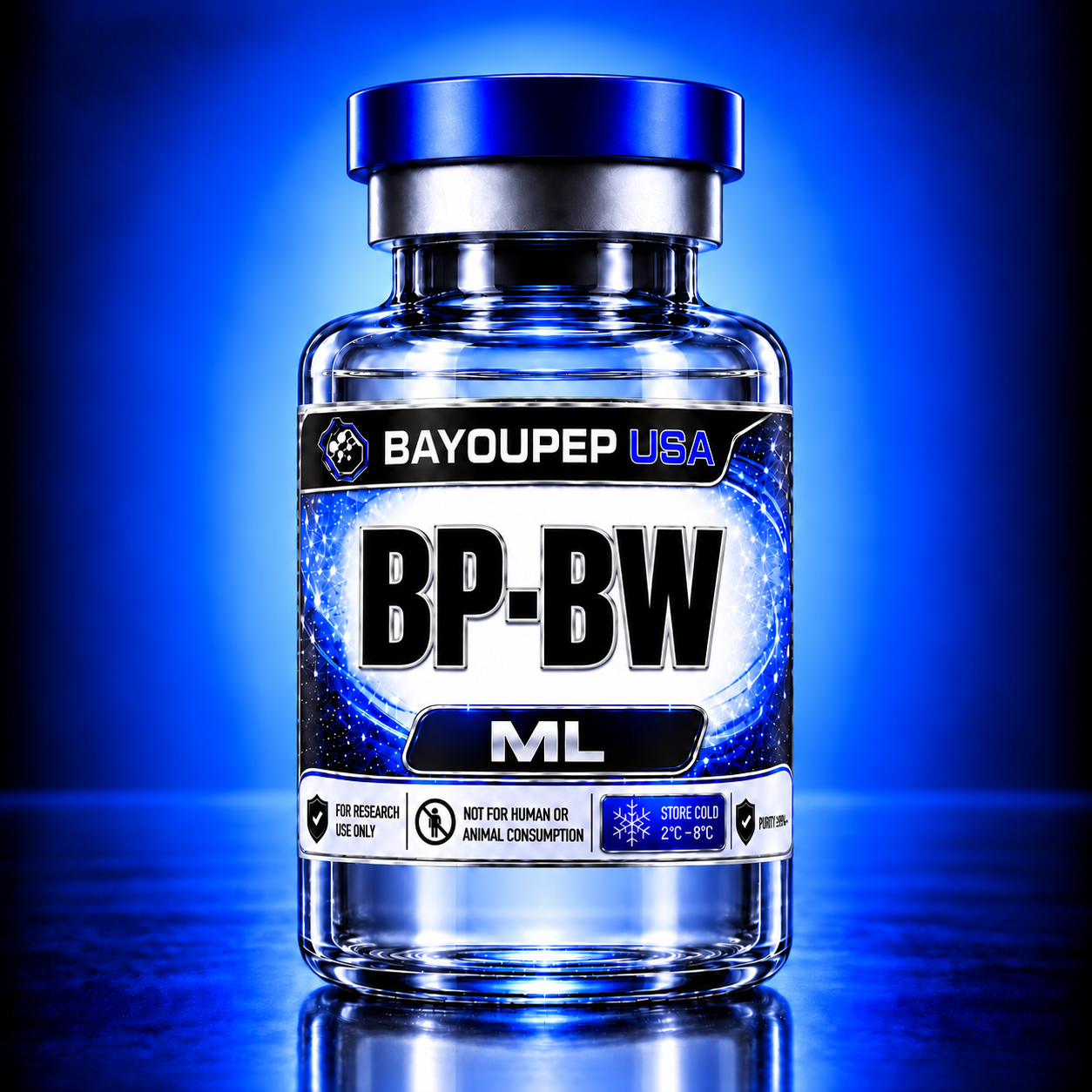 Blue glass bottle with a silver cap, label reads BP-BW ML and Bayoupe USA; for research use only, not for human or animal consumption, stored cold.
