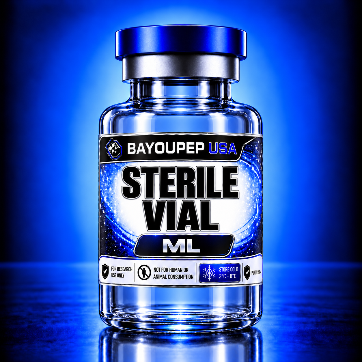Sterile laboratory vial with a blue cap, bold 'STERILE VIAL' label for research use only on a blue background