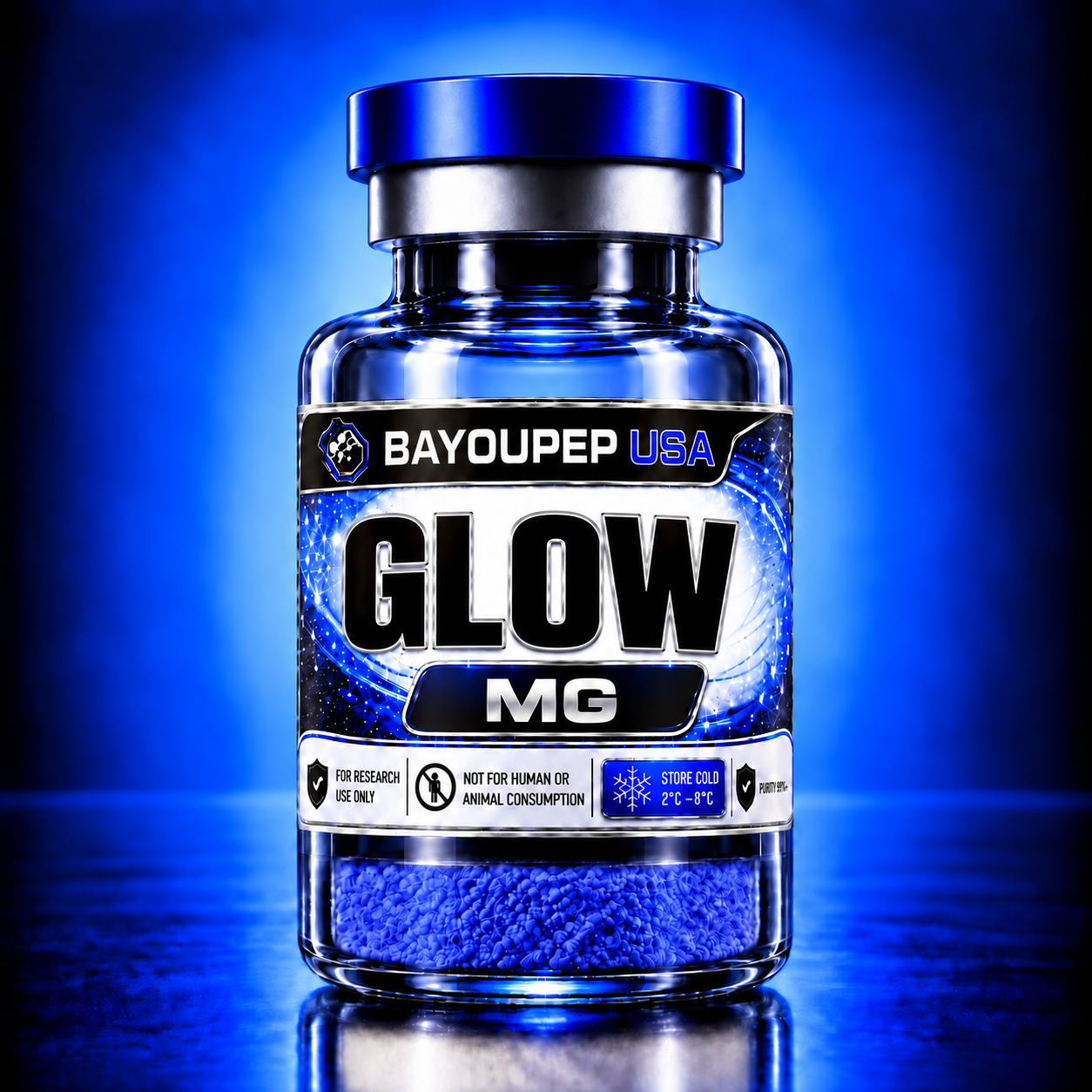 Blue glass supplement bottle labeled GLOW MG with BayouPep USA branding, set against a glowing blue background.