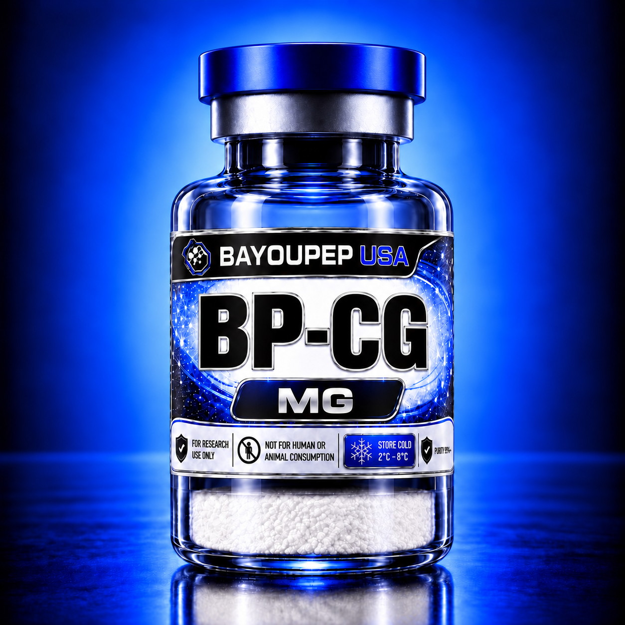Blue-tinted supplement bottle labeled BayouPep USA BP-CG MG with white pellets inside a blue backdrop.