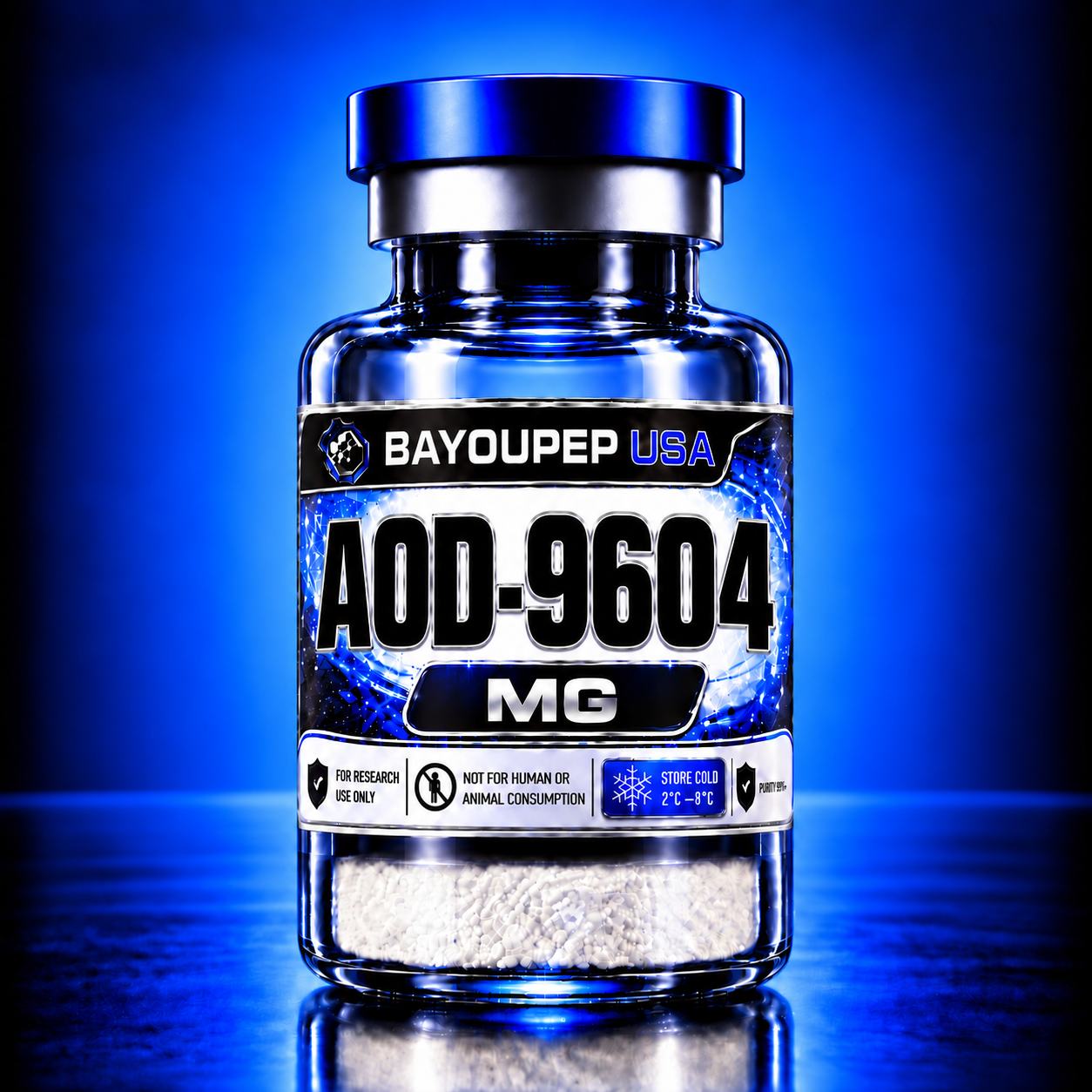 Blue glass bottle labeled AOD-9604 MG from BAYOUP USA, containing small white pills; for research use only and store cold (2–8°C).