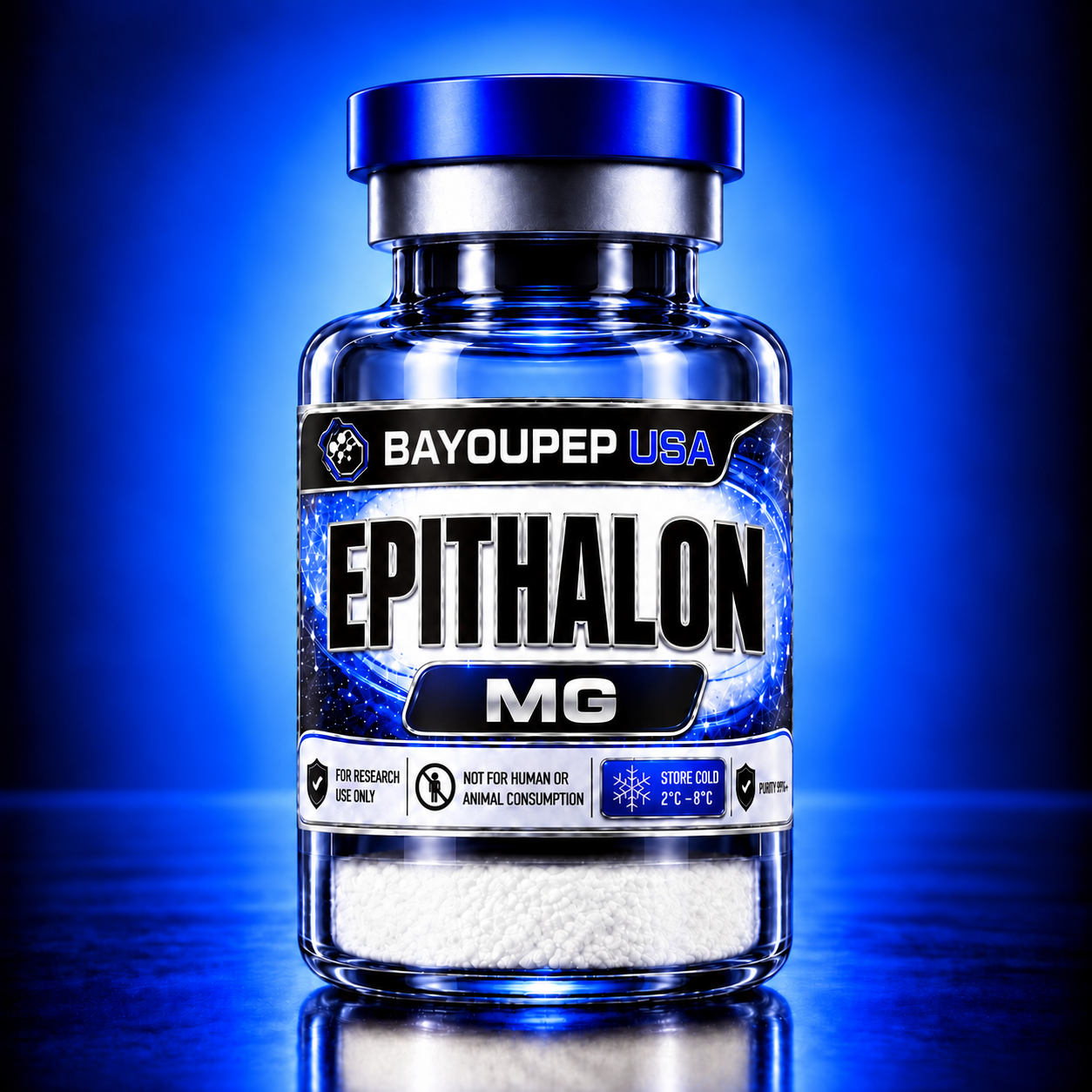 Blue glass bottle labeled Epithalon MG by BayouPep USA, with white pellets visible in the base and a bright blue background; text includes 'For Research Use Only' on the label.