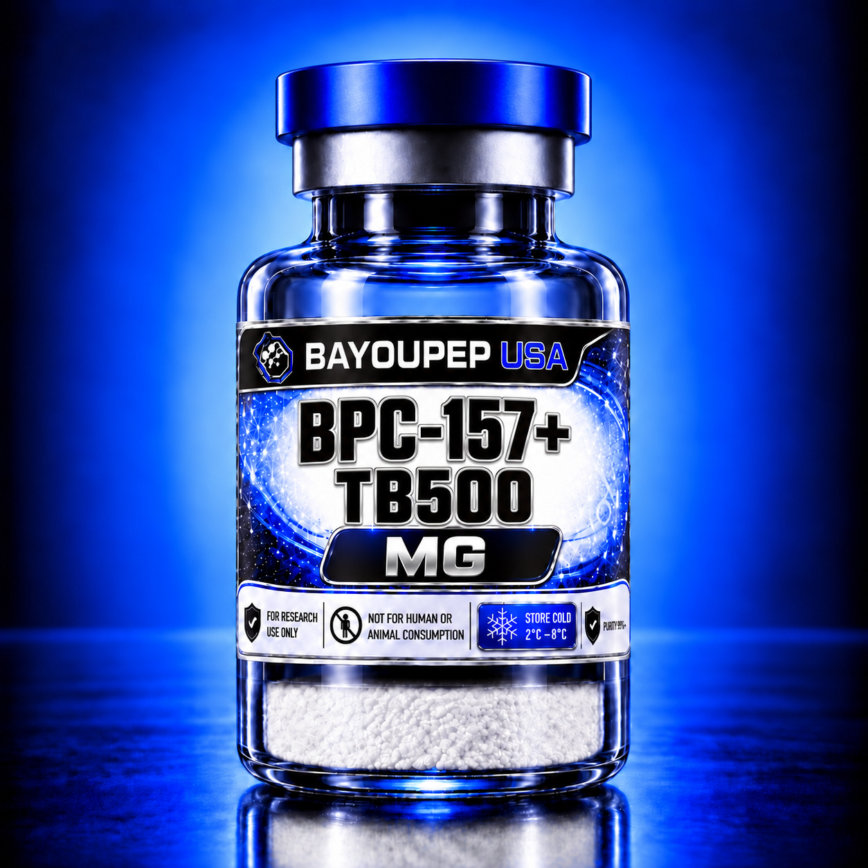 Blue glass bottle with a blue cap, label reads BPC-157+ TB500 MG and BAYOUPEP USA, for research use only (not for human consumption).