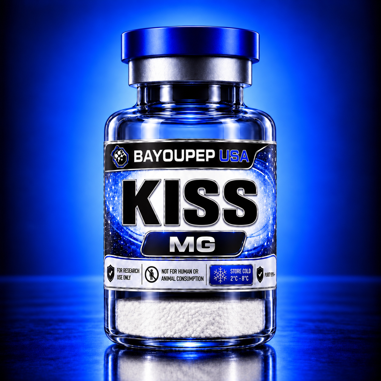 Blue glass bottle with a metallic blue cap and a bold label reading KISS MG from Bayoupep USA, containing white pellets inside. For research use only.