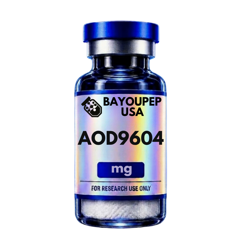 Blue glass vial labeled AOD9604 mg for research use only, Bayoupep USA.