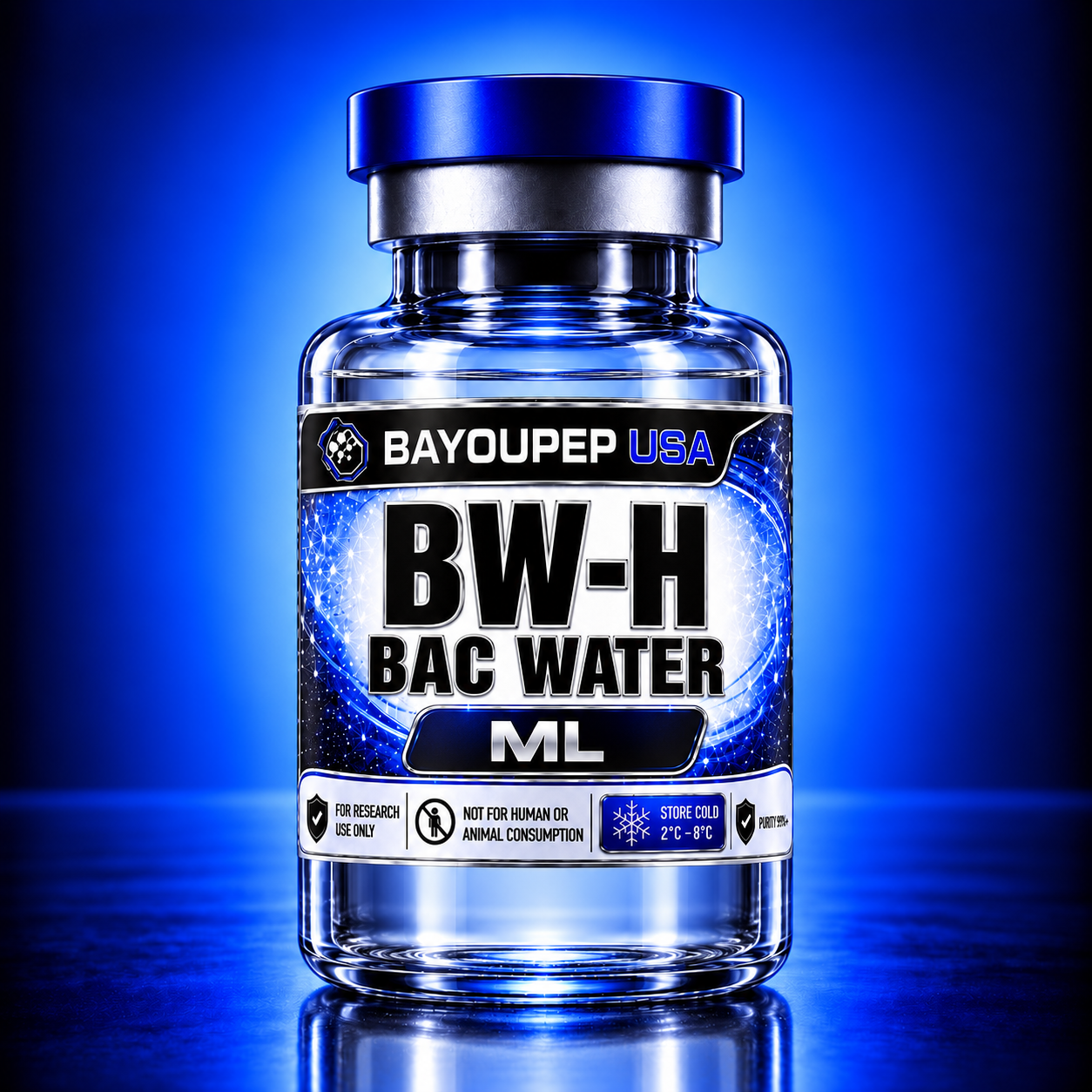 Laboratory bottle with a blue cap labeled BW-H BAC WATER ML, for research use only, against a blue gradient background.