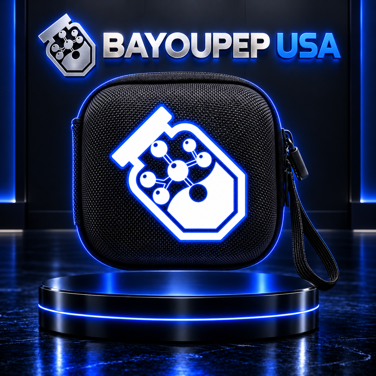 Black textured tech case on a glossy stage with a glowing blue circuit-logo emblem and a BayouPep USA backdrop behind it.