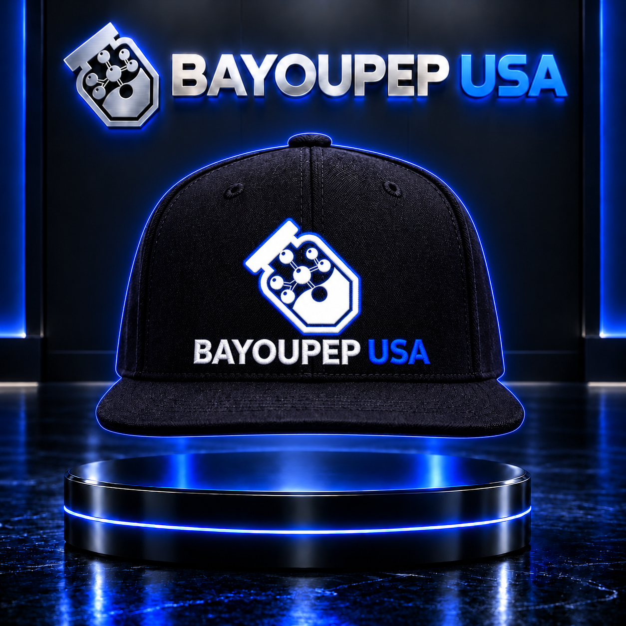Black baseball cap with a white-and-blue Bayoupep USA logo embroidered on the front, presented on a glowing blue pedestal in a dark, tech-themed setting.