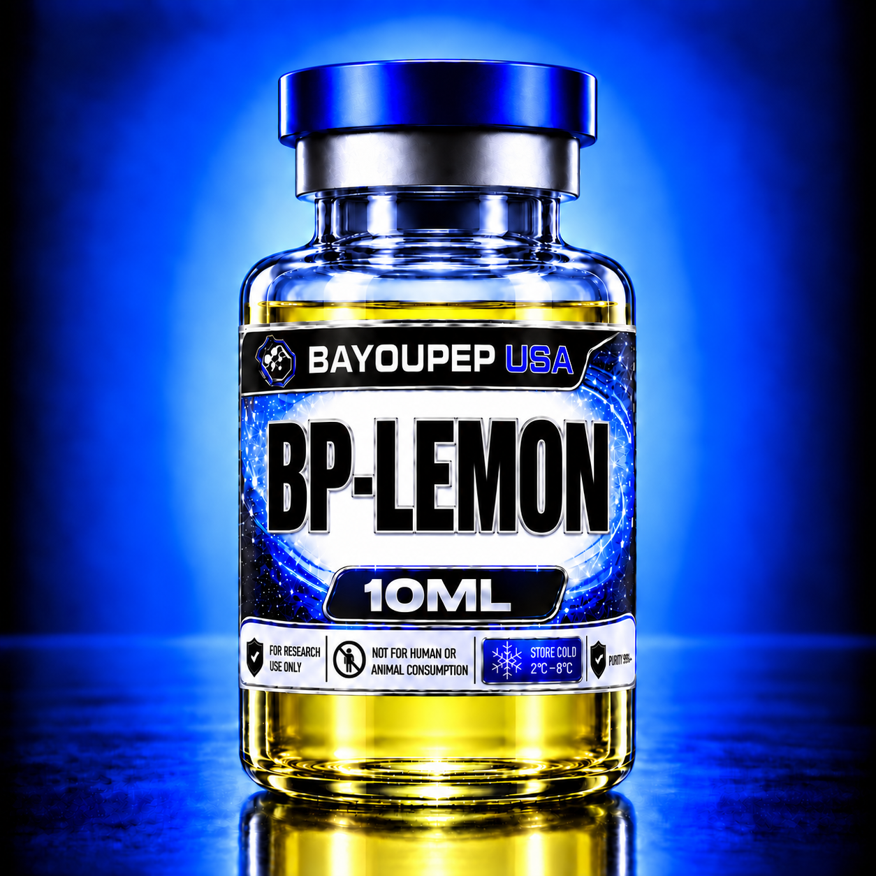 Blue-lit glass bottle labeled 'BP-LEMON' from Bayouprep USA, 10ML, with hazard and usage icons on the label.