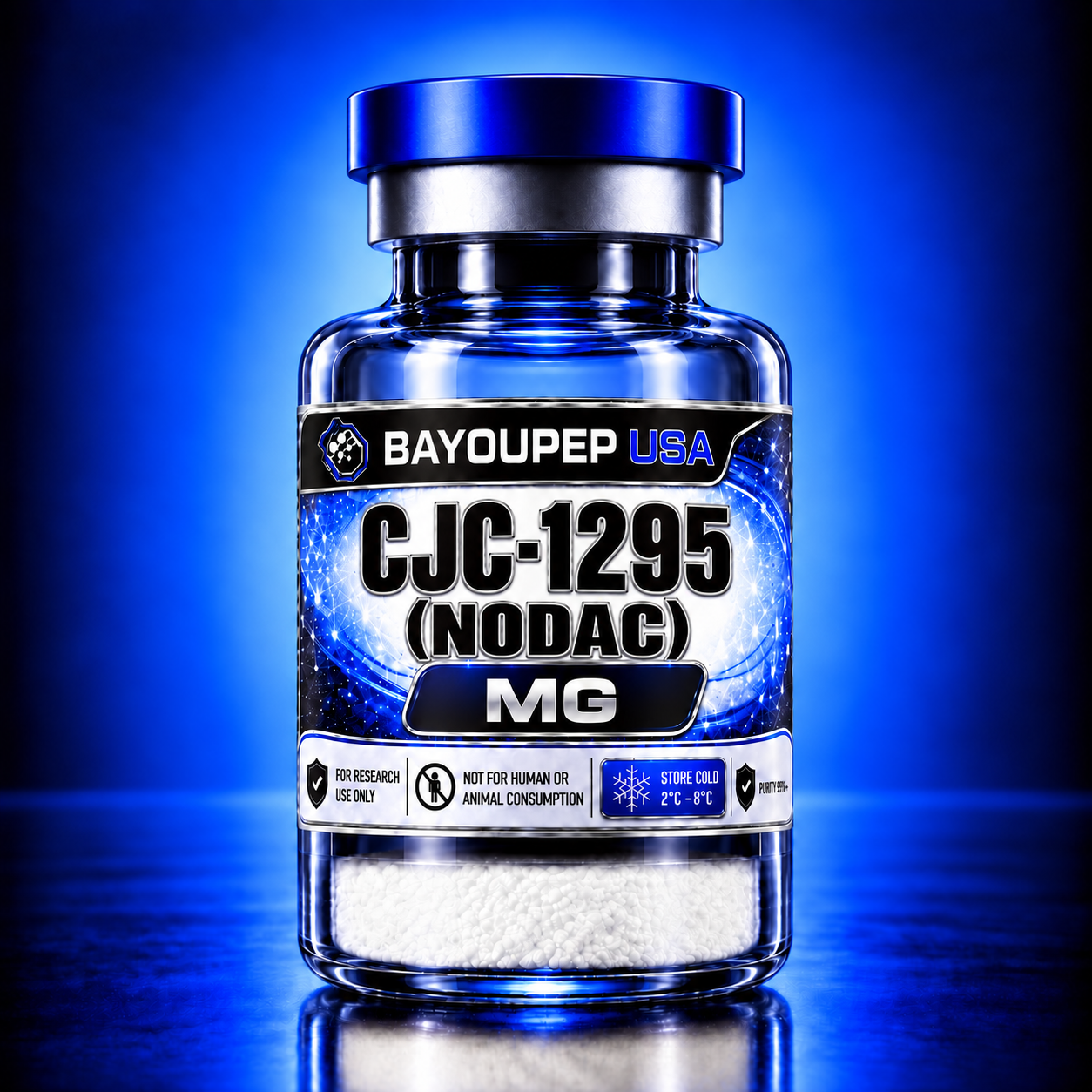 Blue glass bottle labeled CJC-1295 (NODAC) MG for research use only; not for human or animal consumption; store cold.