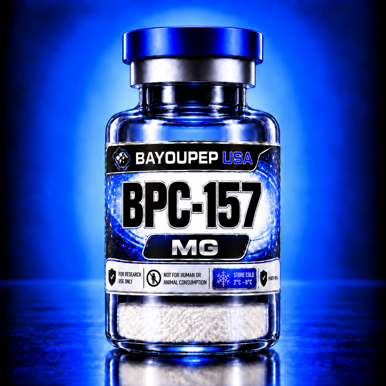Blue glass bottle with a blue cap, labeled 'BPC-157 MG' from BayouPep USA, with small white pellets visible inside.