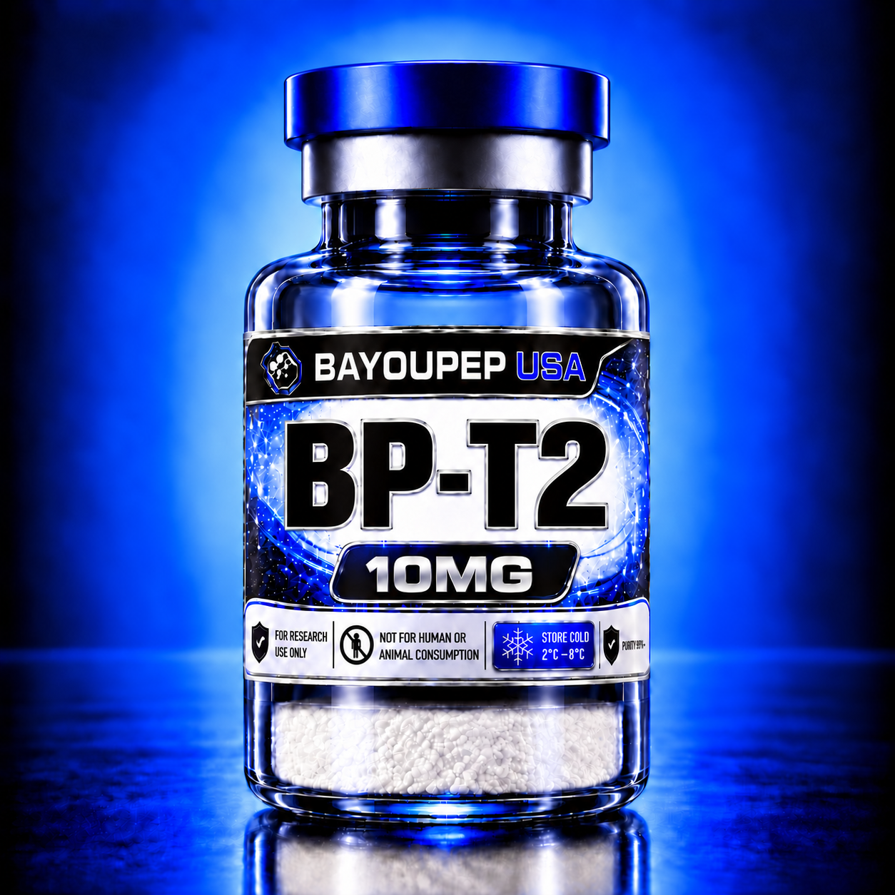 Blue glass bottle with a blue cap, labeled 'BAYOUPEP USA BP-T2 10MG'; bottom of label notes 'For research use only', 'Not for human or animal consumption', and 'Store cold 2°C-8°C'; white pellets are visible through the transparent bottom portion.