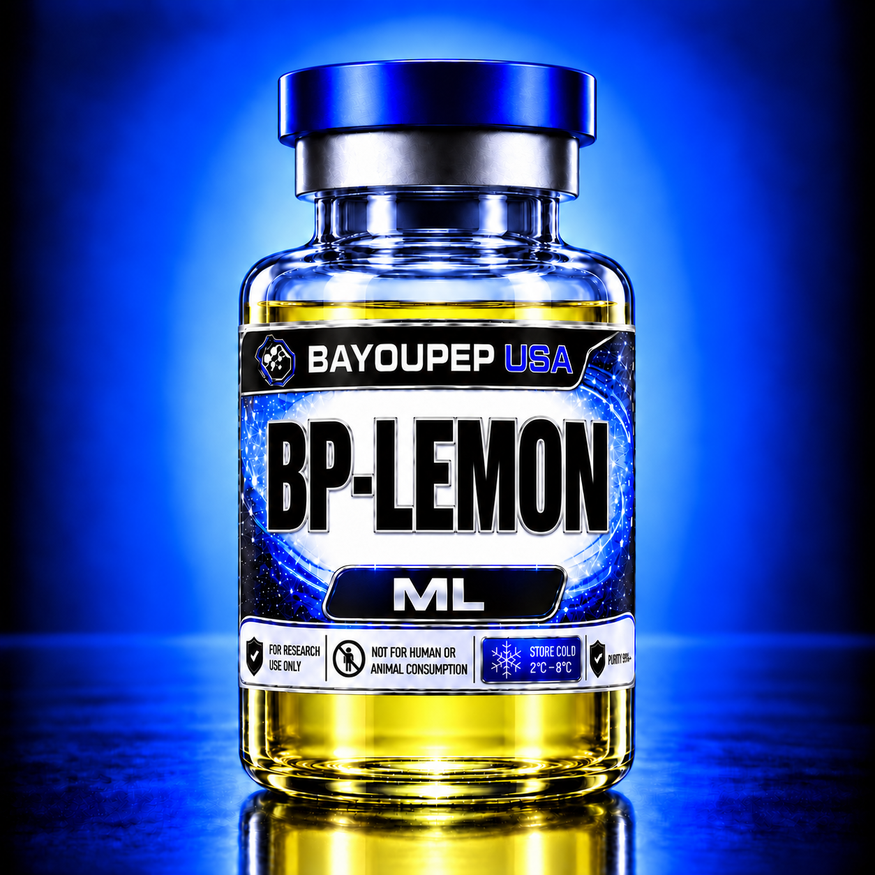 Blue-capped BayouPep USA BP-LEMON ML bottle with yellow liquid against a blue glow.