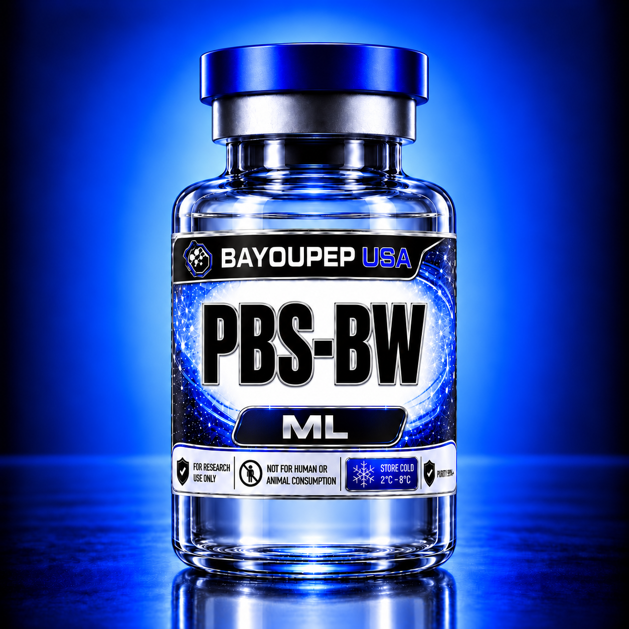 Glass pharmaceutical-looking bottle with a blue metallic cap and a bold label reading PBS-BW, Bayoupep USA, on a blue-lit background.
