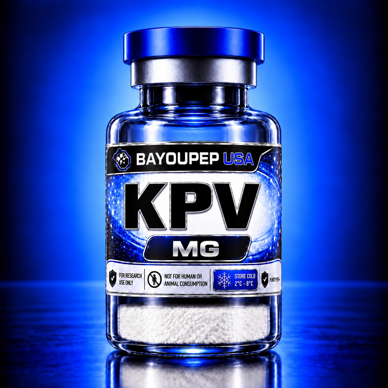 Blue BayouPep USA KPV MG supplement bottle with white pills visible at the bottom and a blue cap, glowing blue background.