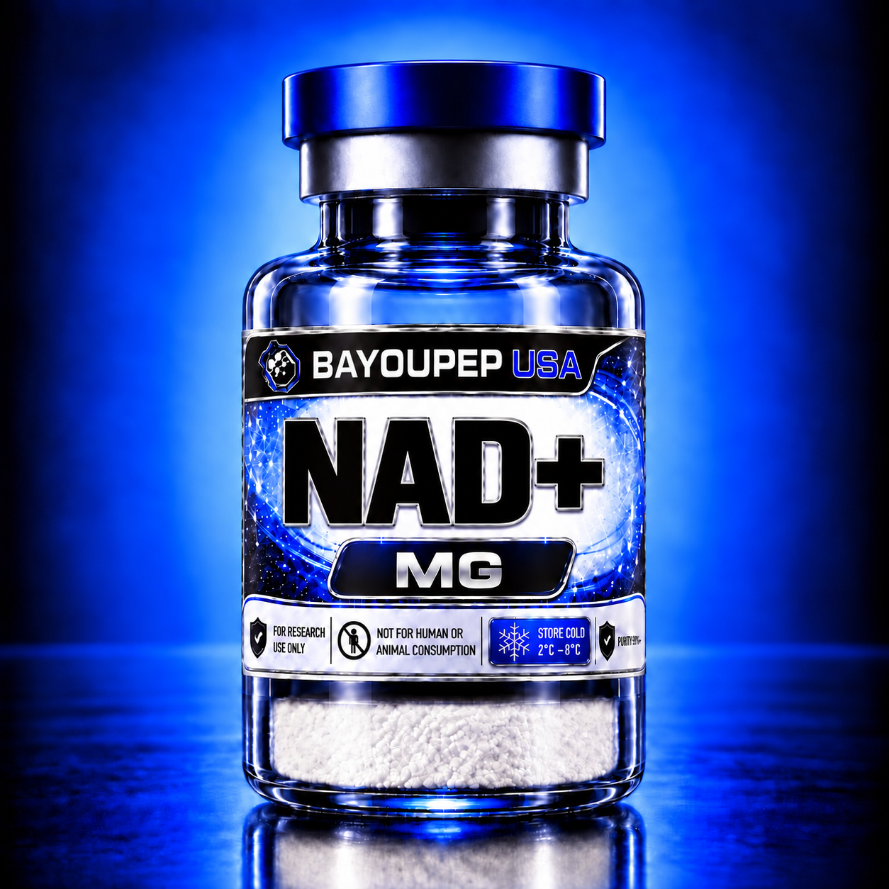 Blue glass NAD+ bottle with BayouPep USA label and white pellets visible inside. For research use only.