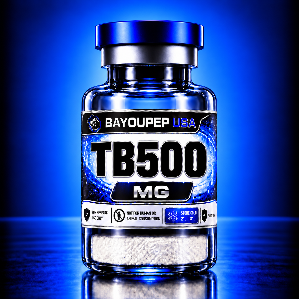 Blue-glass bottle labeled TB500 MG from BayouPEP USA, set against a blue glow background.