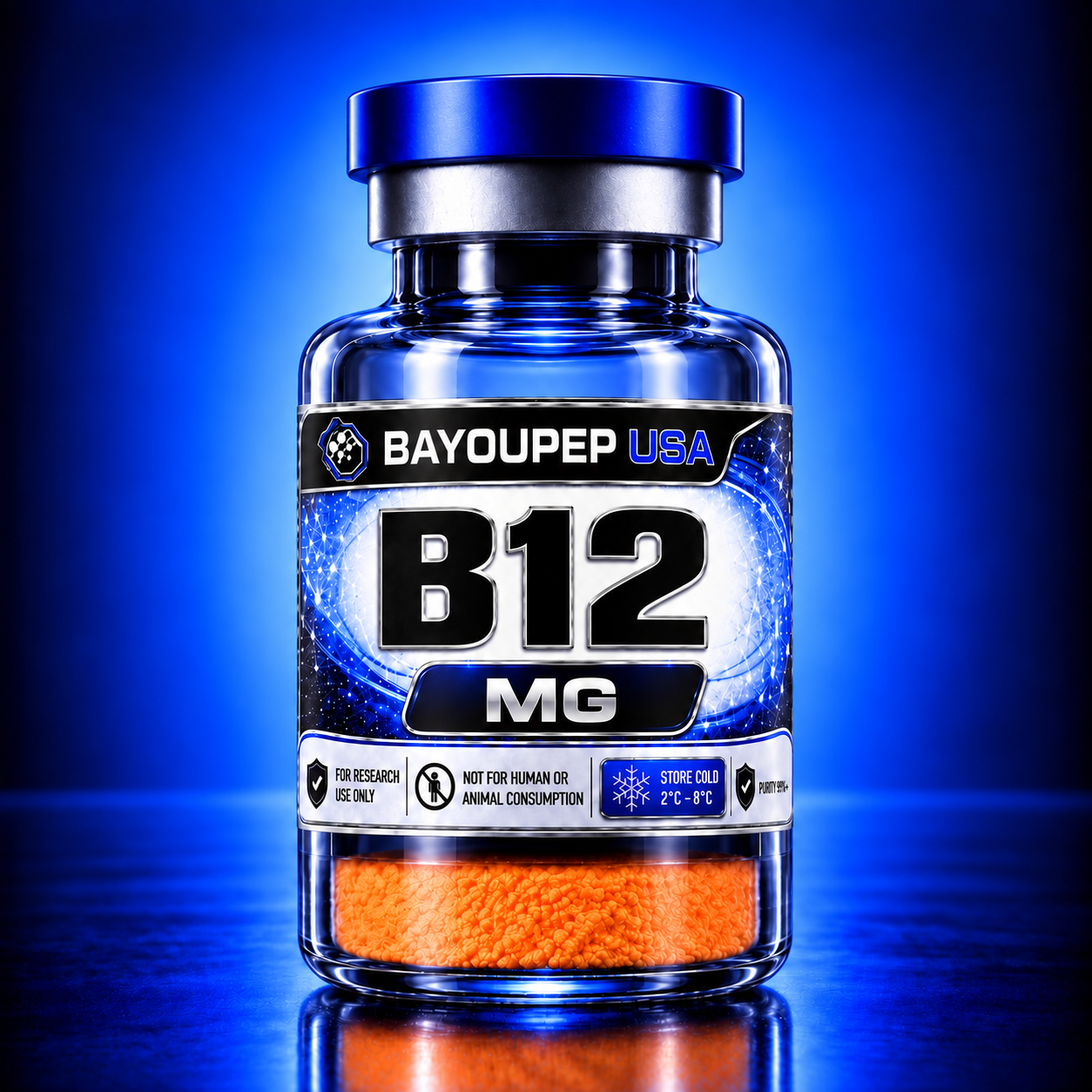 Blue glass bottle of vitamin B12 supplement with orange bead-like pellets visible at the bottom, bold B12 MG on the label, store-cold icon on the packaging.
