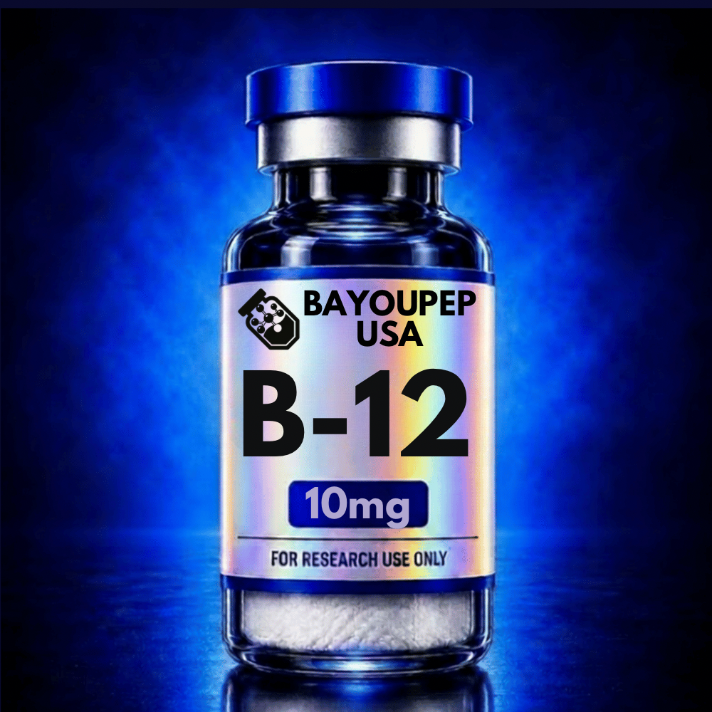 Bottle labeled B-12 vitamin with 10mg, for research use only, blue gradient background, scientific product image