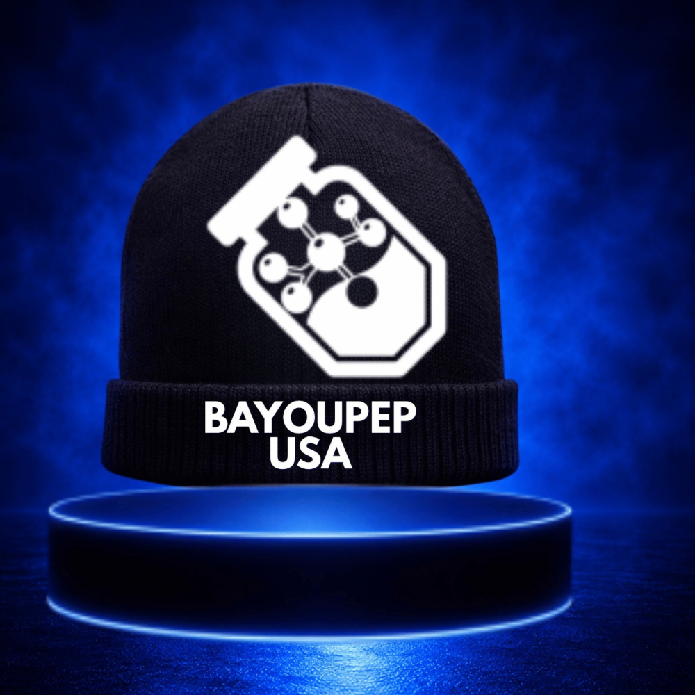 Black knit beanie with a white printed logo on the front, reading 'BAYOUPEP USA' beneath a geometric icon resembling a hexagon with interconnected nodes.