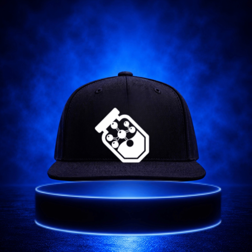 Black cap with a white geometric logo on the front, displayed on a blue-lit pedestal.