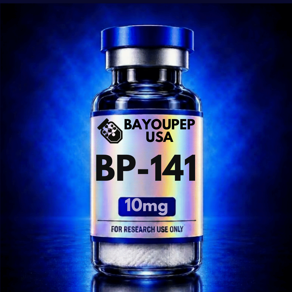 Vial labeled BP-141 10mg with 'For Research Use Only' text, on a blue gradient background.