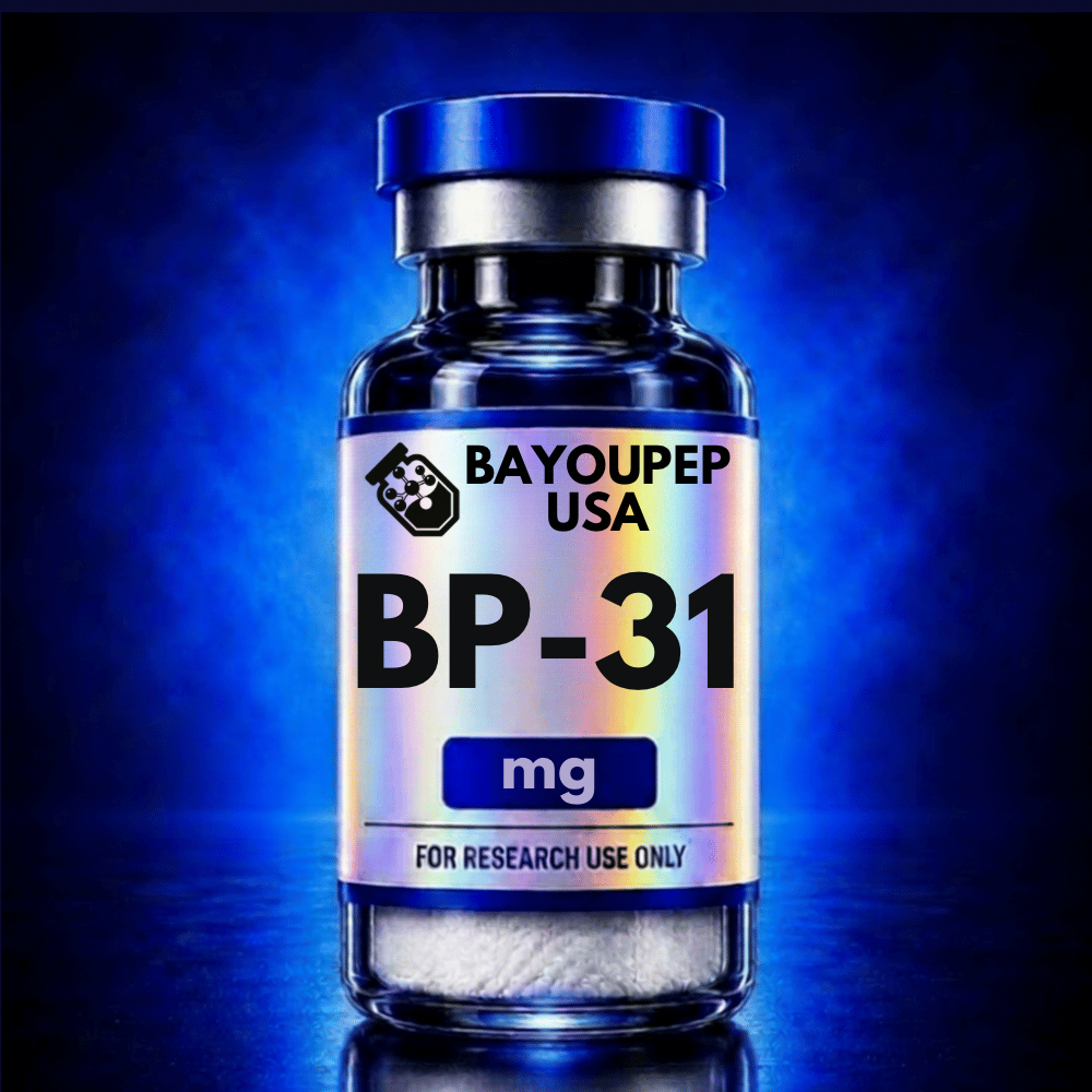 A blue glass medicine bottle with a metallic cap, labeled BP-31 mg and 'FOR RESEARCH USE ONLY' with 'BAYOUPEP USA' branding on a holographic label.