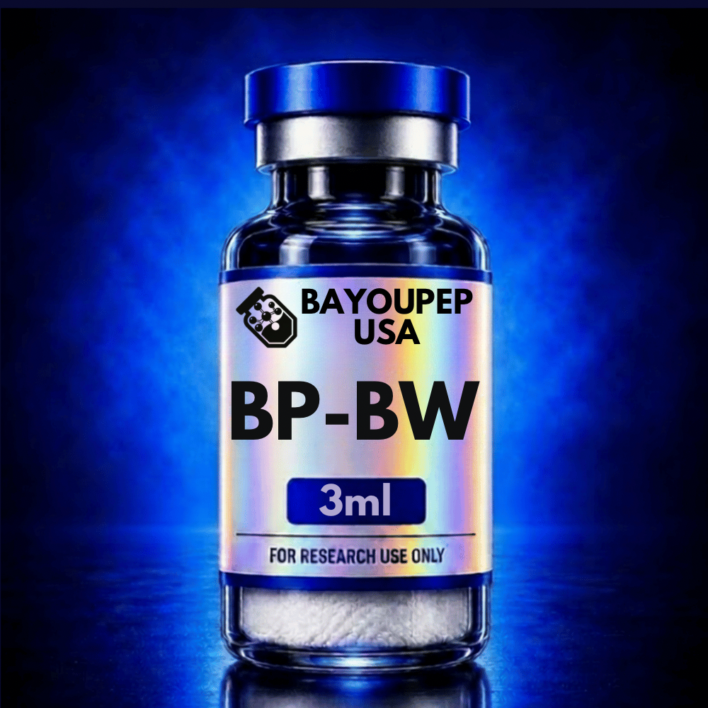 Blue glass vial with metallic cap labeled BP-BW, 3 ml, for research use only, by BayouPep USA