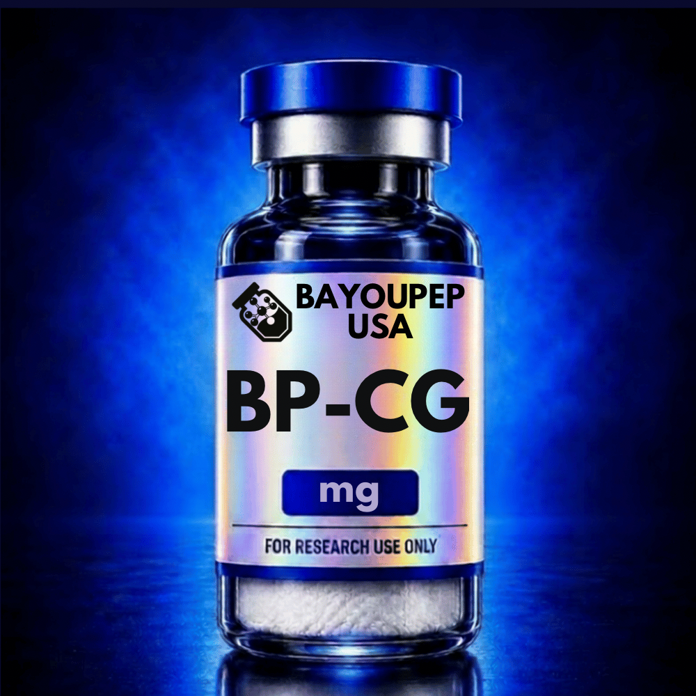 Blue glass vial labeled BP-CG with 'Bayoupep USA' and 'For research use only' on a holographic label, set against a blue gradient background.