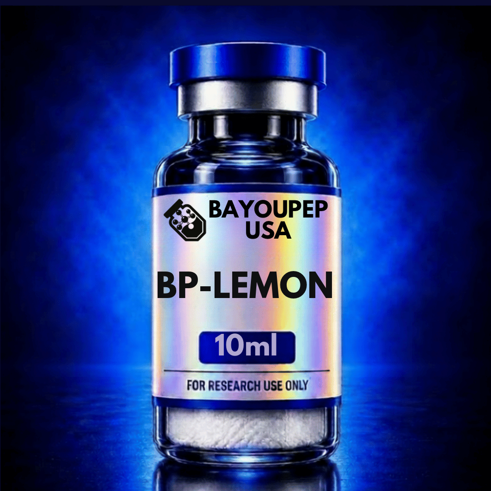 A small dark glass bottle labeled BP-LEMON, 10 ml, with a blue cap, marked for research use only against a blue gradient background.