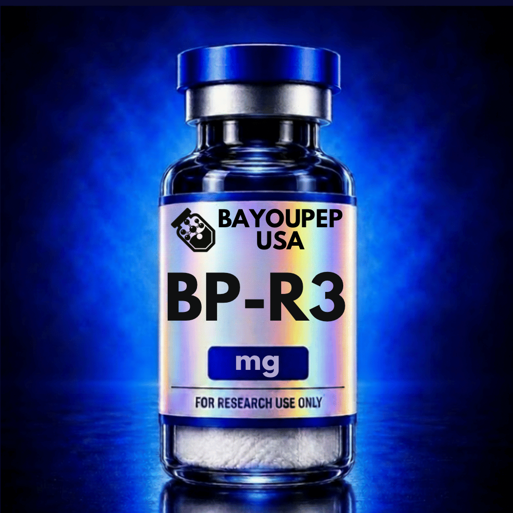 Blue glass research vial with a holographic label reading BP-R3 mg and 'FOR RESEARCH USE ONLY' text; brand name Bayoupep USA is visible, set against a blue gradient background.