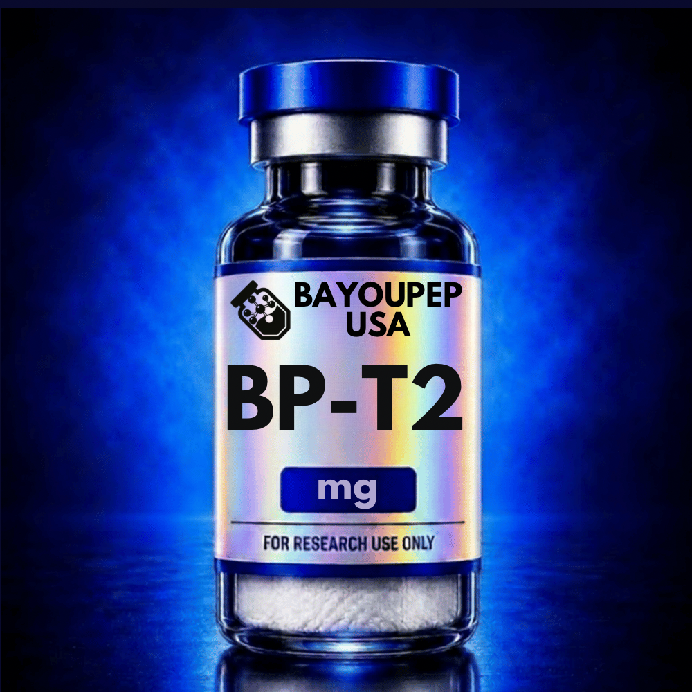 Blue glass bottle labeled BP-T2 mg for research use only against a blue glow.