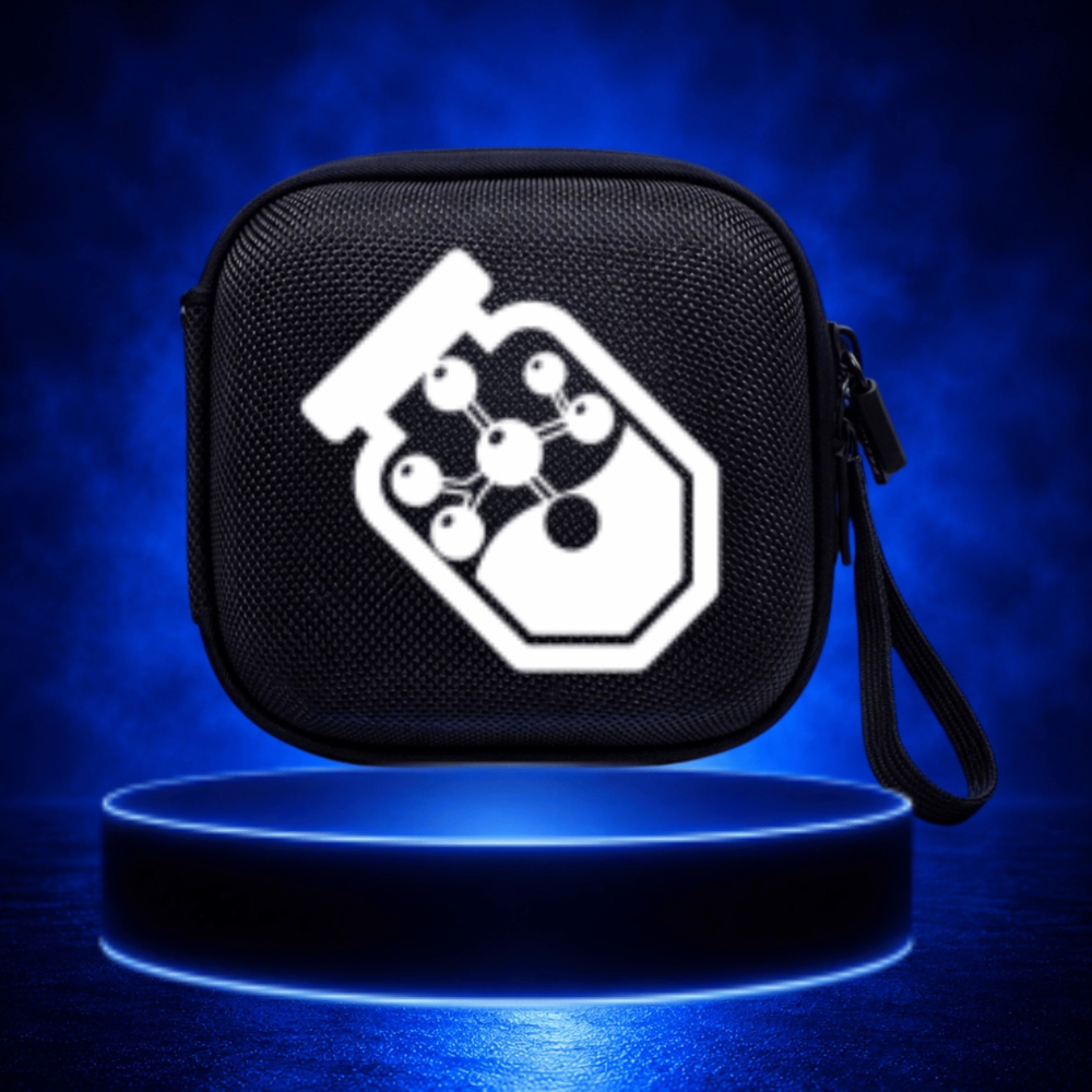 Black zippered carrying case with a white geometric logo on the front, resting on a glowing blue pedestal against a dark blue background.