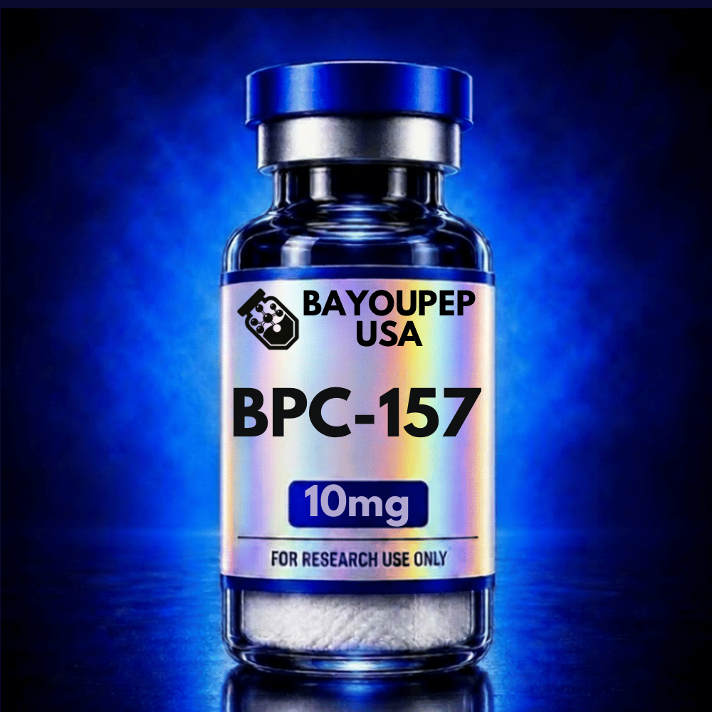 Blue glass vial with a blue cap, labeled BPC-157 (10 mg) for research use only, BayouPep USA logo, set against a blue gradient background